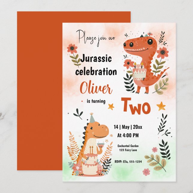 Dinosaurs Birthday Celebration Orange Watercolor Invitation (Front/Back)