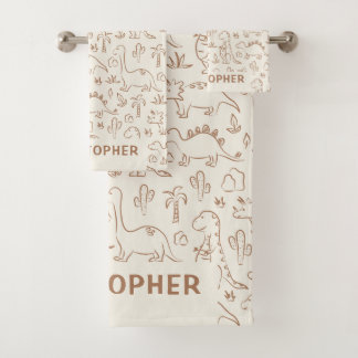 Dinosaurs Boy Name Dino Cute Jungle Boho Beige Bath Towel Set