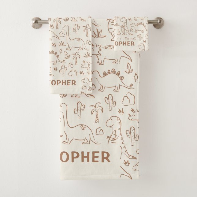 Dinosaurs Boy Name Dino Cute Jungle Boho Beige Bath Towel Set (Insitu)