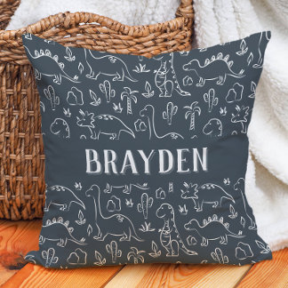 Dinosaurs Boy Name Dino Cute Jungle Dark Blue Throw Pillow