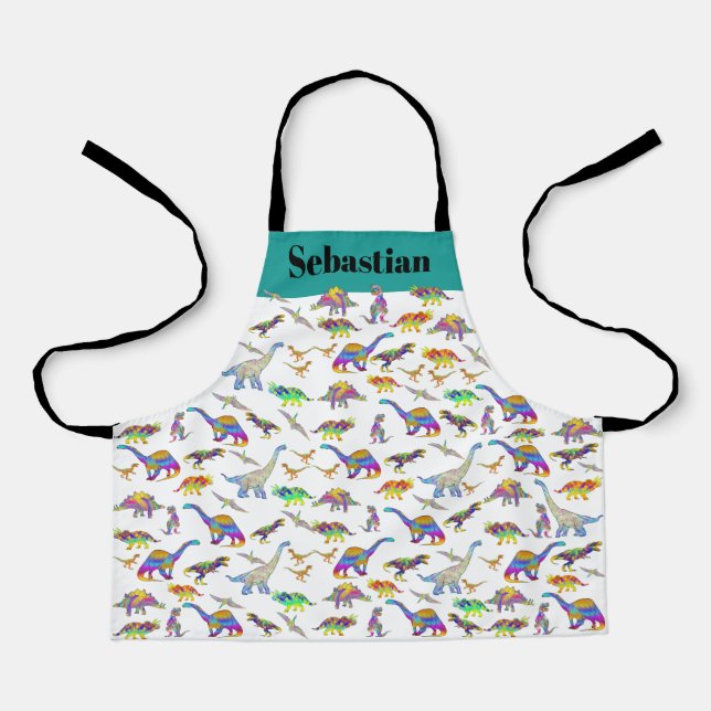 Dinosaurs Colourful Pattern personalized Kids Apron (Front)