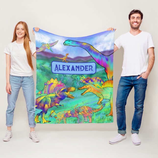 Dinosaurs colourful Personalized blue Fleece Blanket (In Situ)