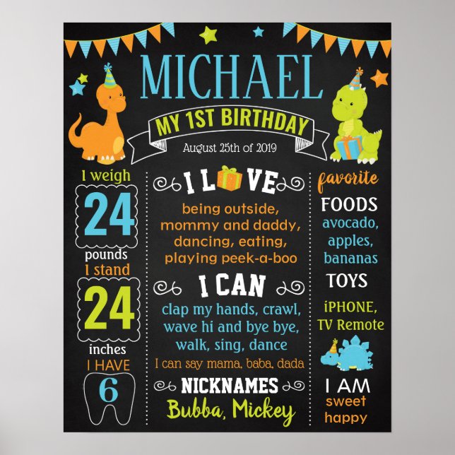 Dinosaurs Dino First birthday sign for a boy (Front)