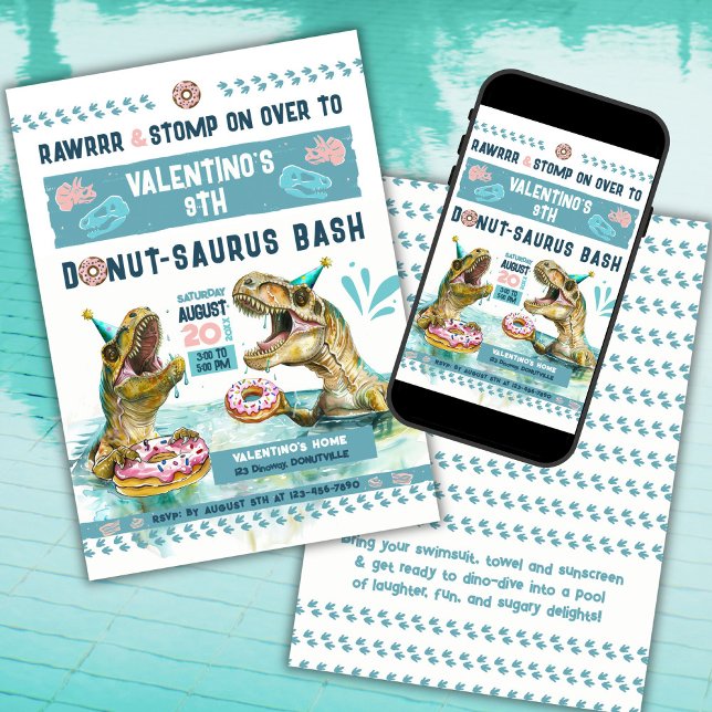 Dinosaurs Doughnut Pool Party Invitation (Creator Uploaded)