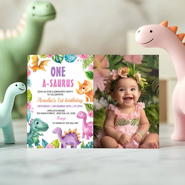 Dinosaurs Girl 1st Birthday Photo Invitation (Creator Uploaded)