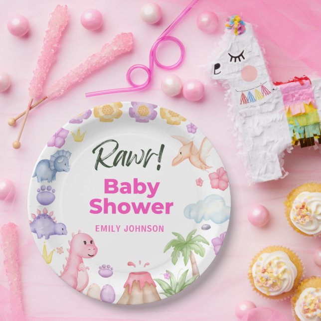  Dinosaurs Girl Baby Shower Paper Plate (Party)