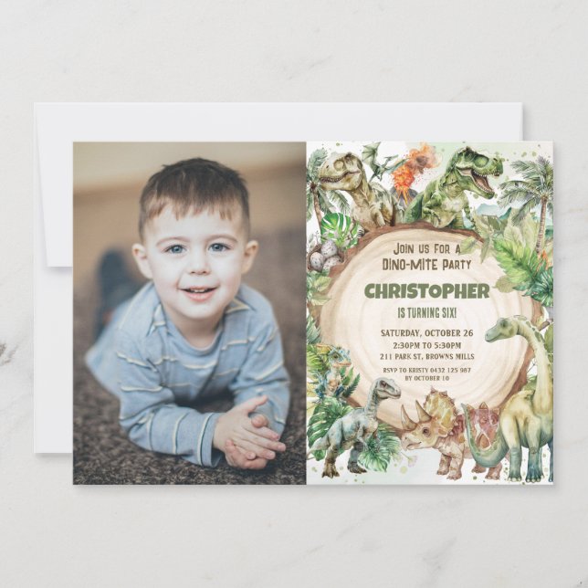 Dinosaurs Greenery Dino-mite Birthday Party Photo Invitation (Front)