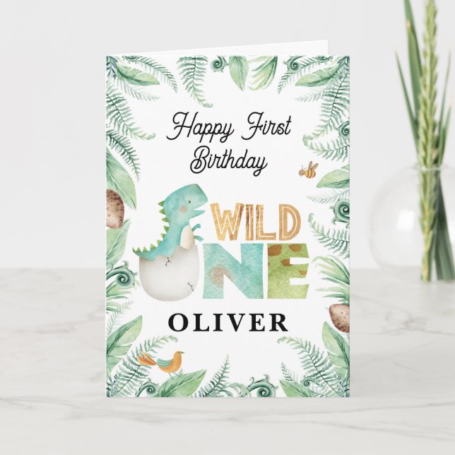 Dinosaurs Happy 1st Birthday Wild One Greeting Card (Front)