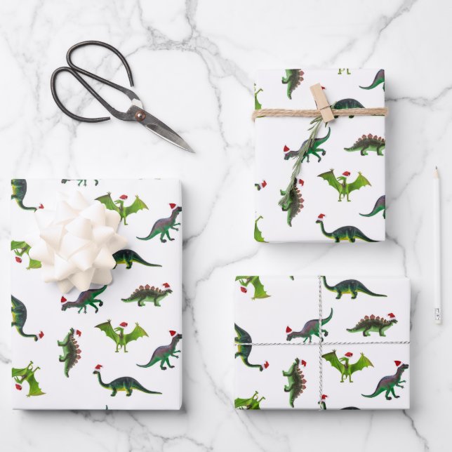 Dinosaurs in Santa hats Wrapping Paper  (Front)