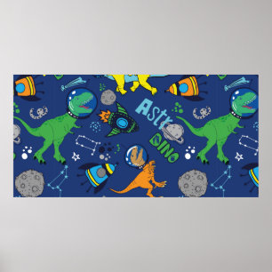 Dinosaurs in space hand drawn colour vintage seaml poster