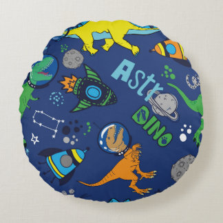 Dinosaurs in space hand drawn colour vintage seaml round pillow