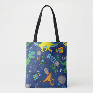 Dinosaurs in space hand drawn colour vintage seaml tote bag