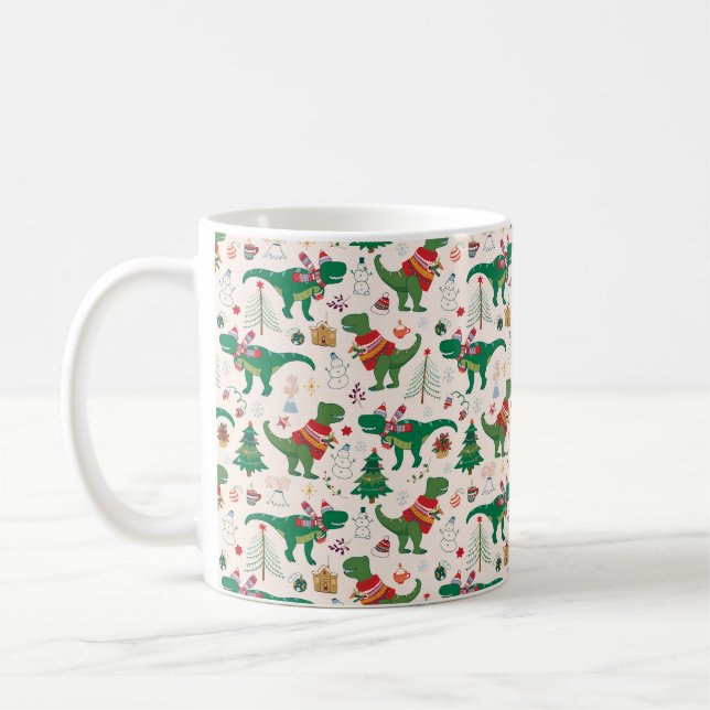 Dinosaurs in Sweaters Christmas Pattern Coffee Mug (Left)
