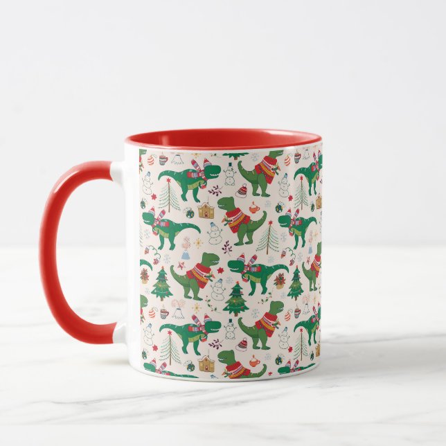 Dinosaurs in Sweaters Christmas Pattern Mug (Left)