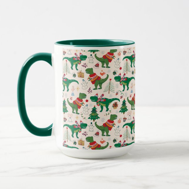 Dinosaurs in Sweaters Christmas Pattern Mug (Left)