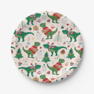Dinosaurs in Sweaters Christmas Pattern Paper Plate
