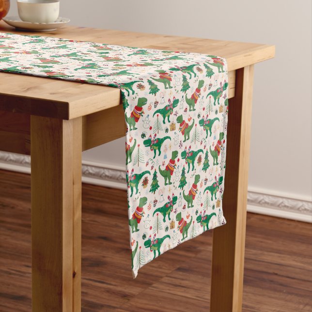 Dinosaurs in Sweaters Christmas Pattern Short Table Runner (In Situ)