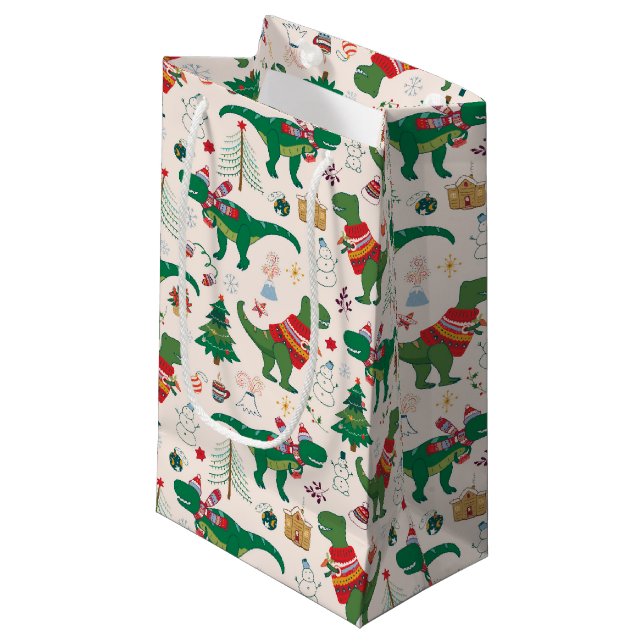 Dinosaurs in Sweaters Christmas Pattern Small Gift Bag (Front Angled)