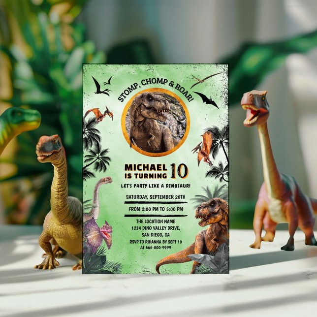 Dinosaurs Jurassic Birthday Party Stomp Chomp Roar Invitation (Dinosaur T-Rex Kids Birthday Party Invitation Stomp Chomp and Roar)