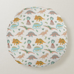 Dinosaurs Kids Hand Drawn Boho Dinosaur Bedroom Round Pillow