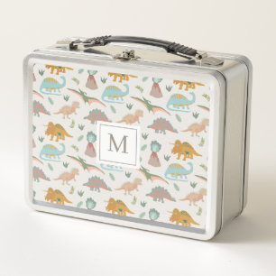 Dinosaurs Kids Hand Drawn Boho Dinosaur Monogram Metal Lunch Box