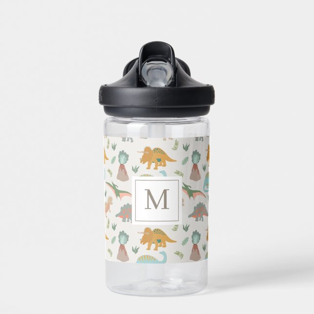 Dinosaurs Kids Hand Drawn Boho Dinosaur Monogram Water Bottle (Front)