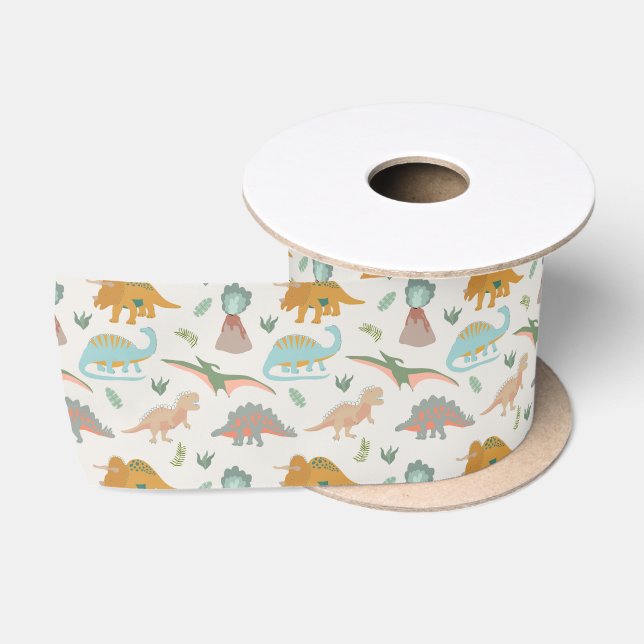 Dinosaurs Kids Hand Drawn Boho Dinosaur Pattern Satin Ribbon (Spool)