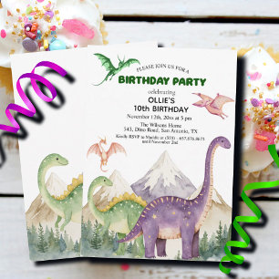 Dinosaurs & Mountains Colourful 10th Birthday Part Invitation