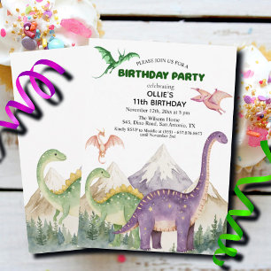Dinosaurs & Mountains Colourful 11th Birthday Part Invitation