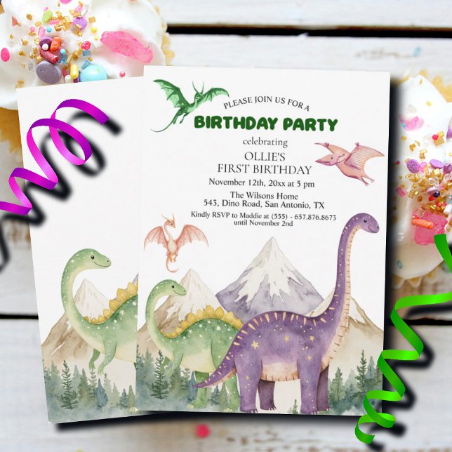Dinosaurs & Mountains Colourful 1st Birthday Party Invitation (Creator Uploaded)