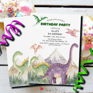 Dinosaurs & Mountains Colourful 5th Birthday Party Invitation