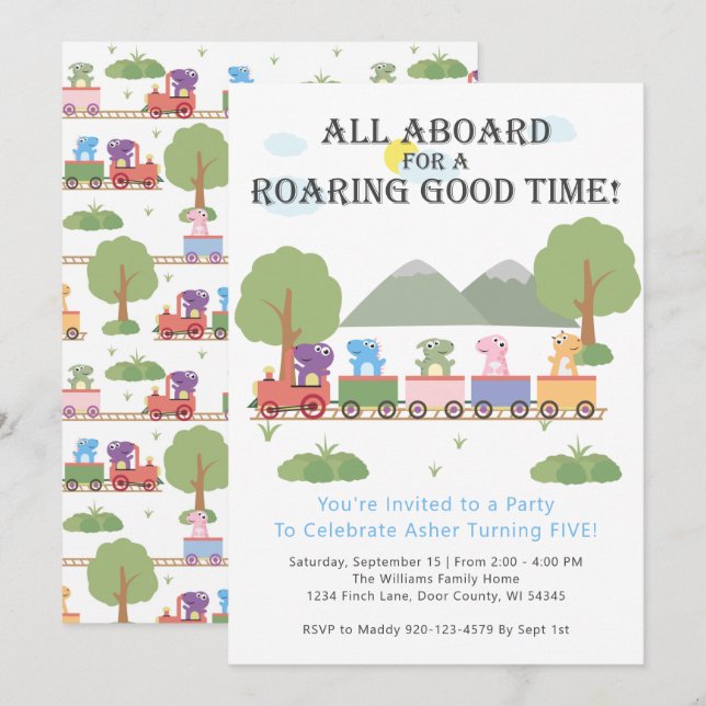 Dinosaurs On A Train Birthday Invitation (Front/Back)