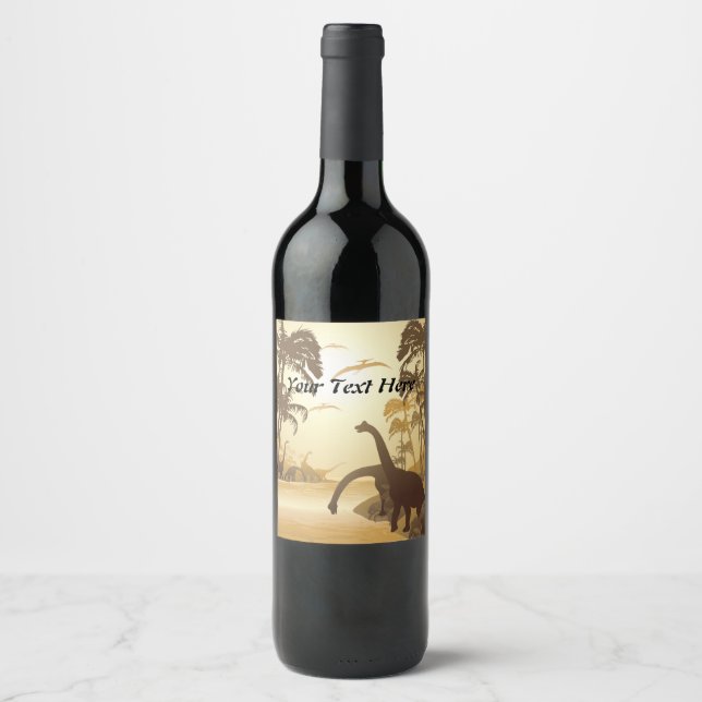 Dinosaurs on Tropical Jurassic Landscape  Wine Label (Front)