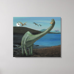 Dinosaurs Over the Lake at Full Moon Canvas Print