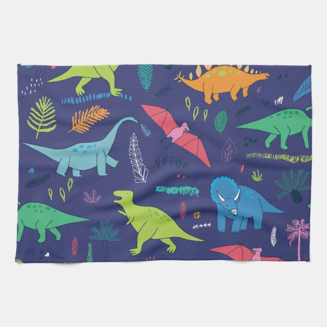 Dinosaurs Palms Tropical Vintage Pattern Kitchen Towel (Horizontal)