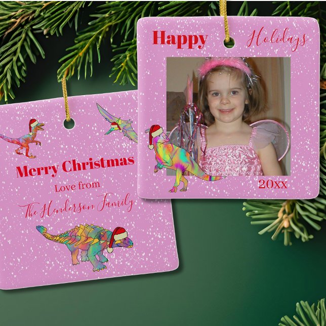 Dinosaurs Personalized pink Ceramic Ornament (Personalized girl name christmas dinosaur pink tree ornament )