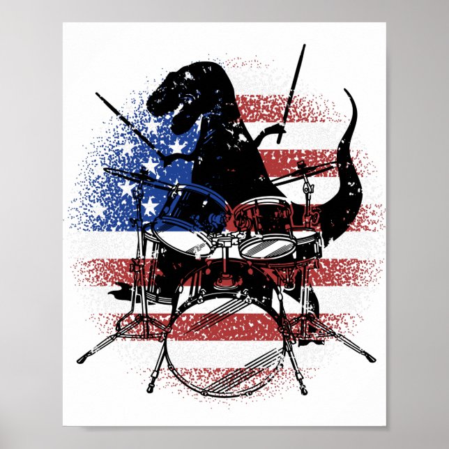 Dinosaurs Playing Drums US Flag Poster (Front)