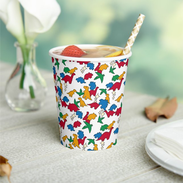 Dinosaurs - Primary Black Outline White Background Paper Cups (Insitu)