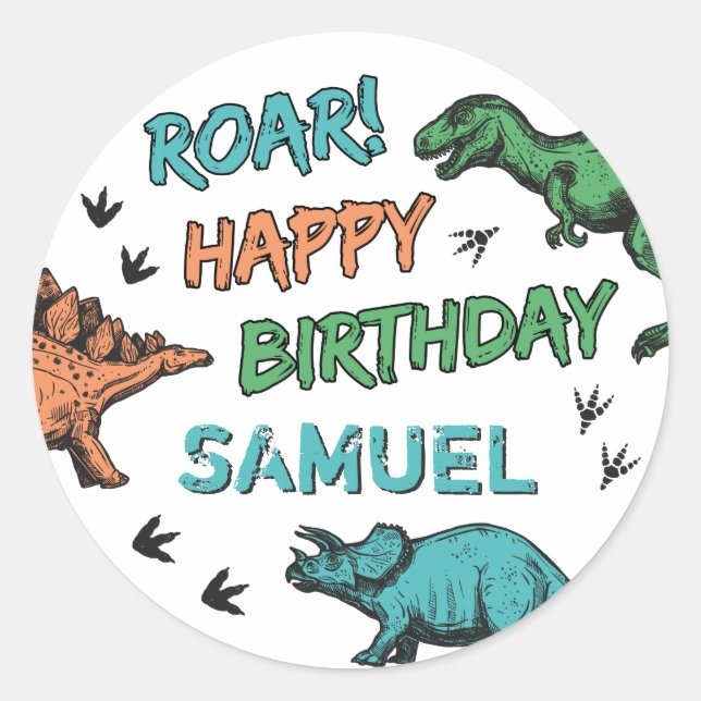 Dinosaurs Stomp Chomp Roar Birthday Party, Any Age Classic Round Sticker (Front)