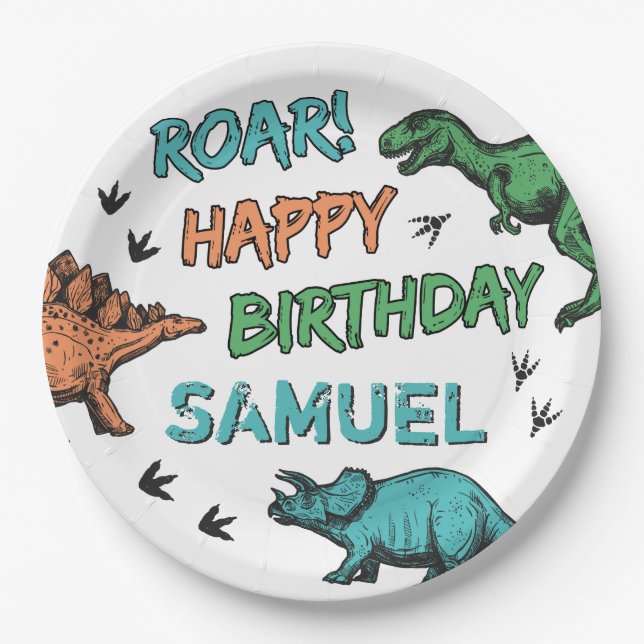 Dinosaurs Stomp Chomp Roar Birthday Party, Any Age Paper Plate (Front)
