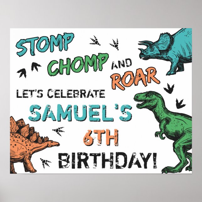 Dinosaurs Stomp Chomp Roar Birthday Party, Any Age Poster (Front)