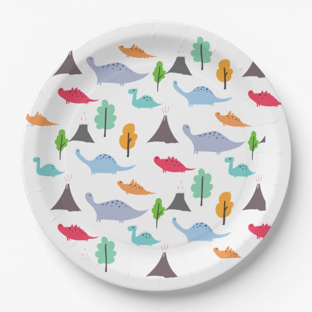 Dinosaurs volcanos trees colorful customizable paper plate (Front)