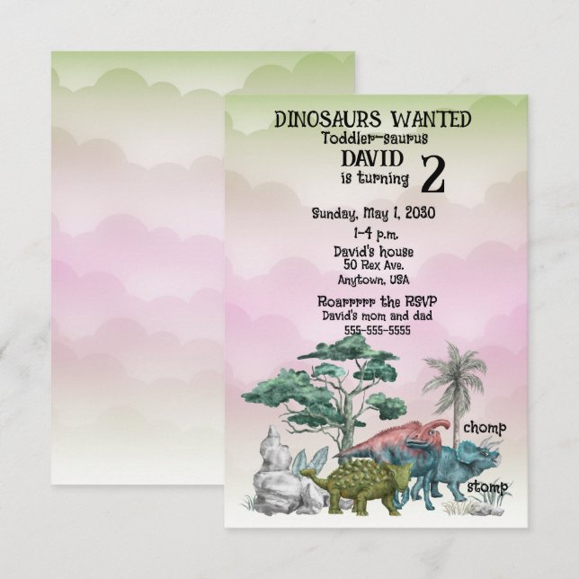 Dinosaurs Wanted Toddler 2nd. Birthday Invitation (Front/Back)