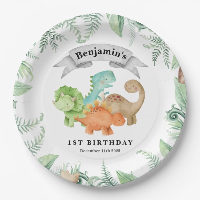 Dinosaurs Wild One 1st Birthday Paper Plate (Front)