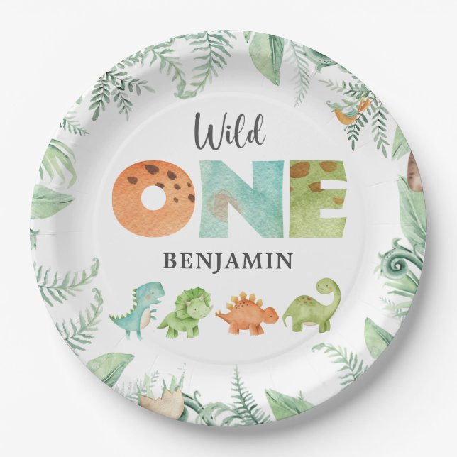Dinosaurs Wild One Birthday Paper Plate (Front)