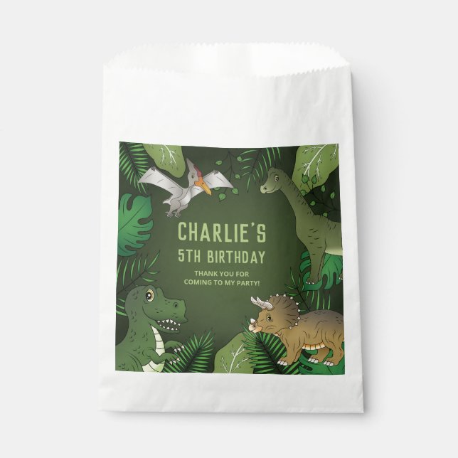 Dinosaurs With Green Plants Thank You Birthday Favour Bag (Front)