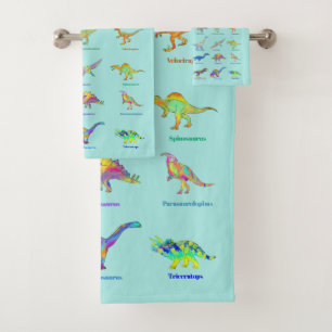 Dinosaurs with names Colourful Pattern Teal Bath Towel Set