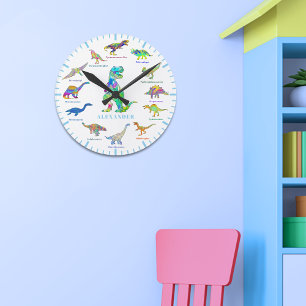 Dinosaurs with names colourful Personalized Blue Round Clock