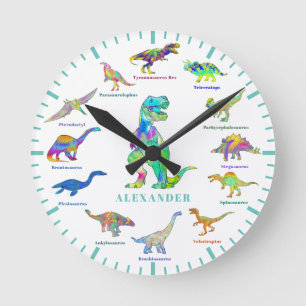 Dinosaurs with names colourful Personalized Teal Round Clock