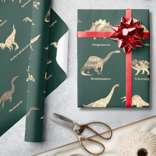 Dinosaurs With Names Pattern Green  Wrapping Paper
